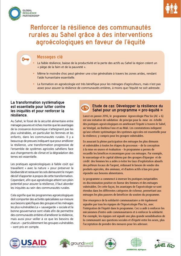 Renforcer la Résilience des Communautés Rurales au Sahel Grâce à des Interventions Agroécologiques en Faveur de Léquité