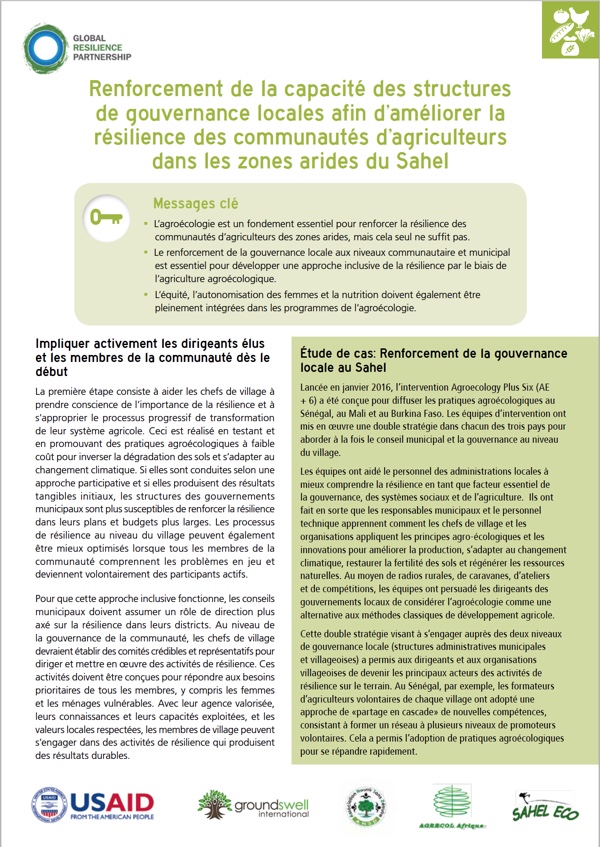 Renforcement de la Capacité des Structures de Gouvernance Locales afin D’améliorer la Résilience des Communautés D’agriculteurs Dans les Zones Arides du Sahel