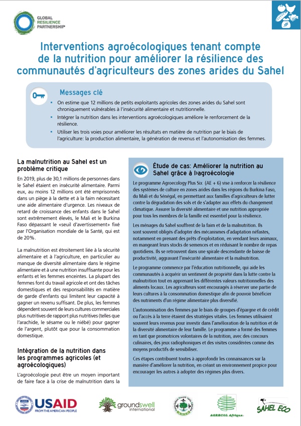 Interventions agroécologiques tenant compte de la nutrition pour améliorer la résilience des communautés d’agriculteurs des zones arides du Sahel