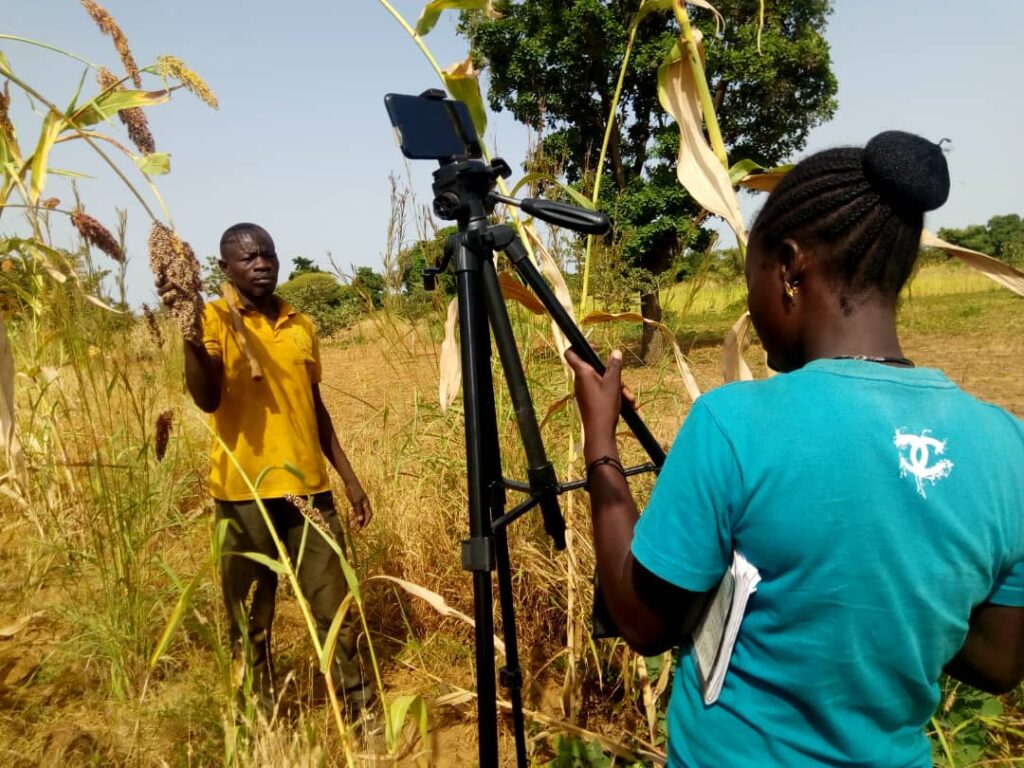 Rural youth filming a farmer in a sorghum field in West Africa