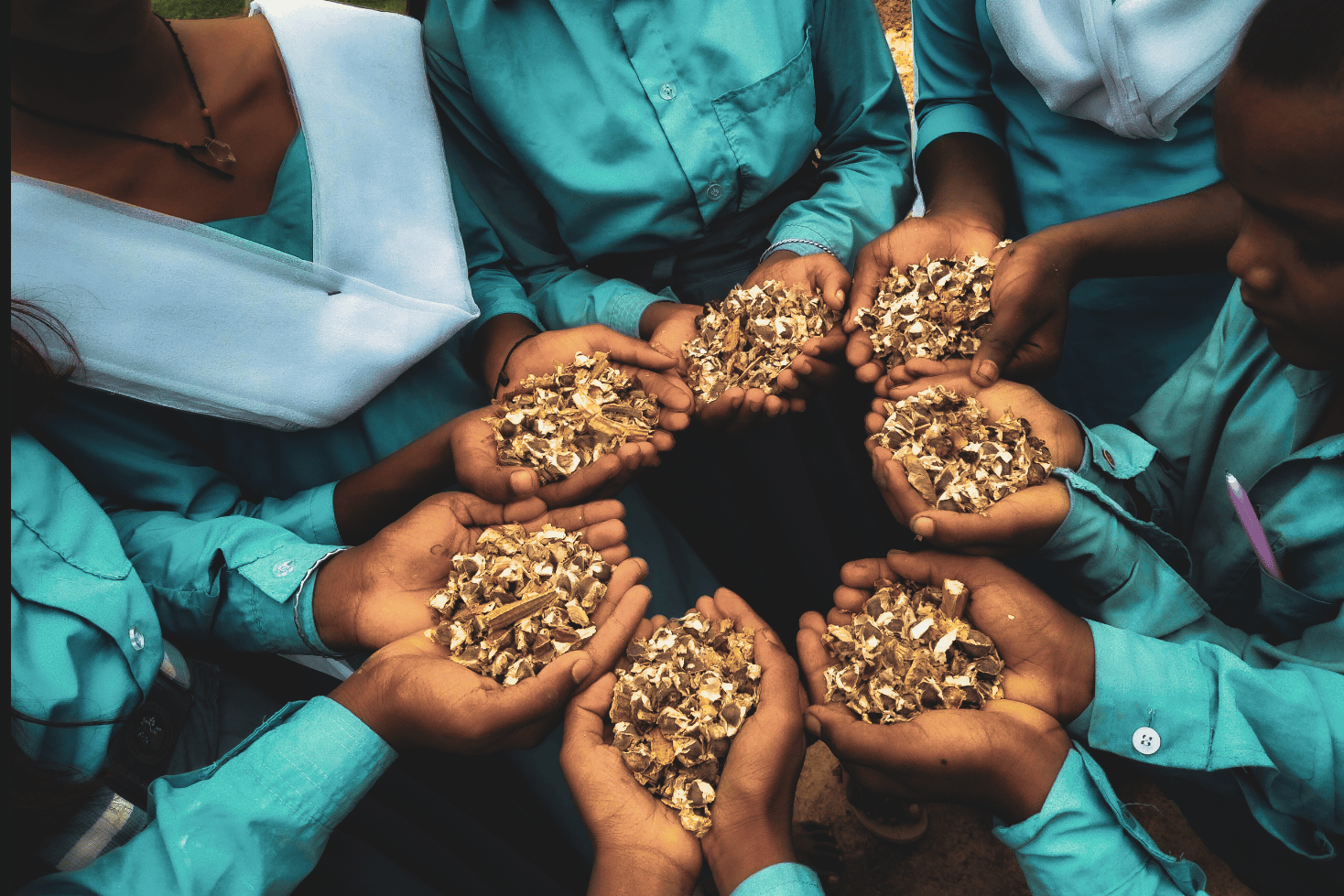 Children holding manure in their hands to regenerate dry soil
