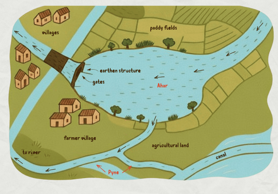 Ahar-pyne traditional water harvesting system illustration