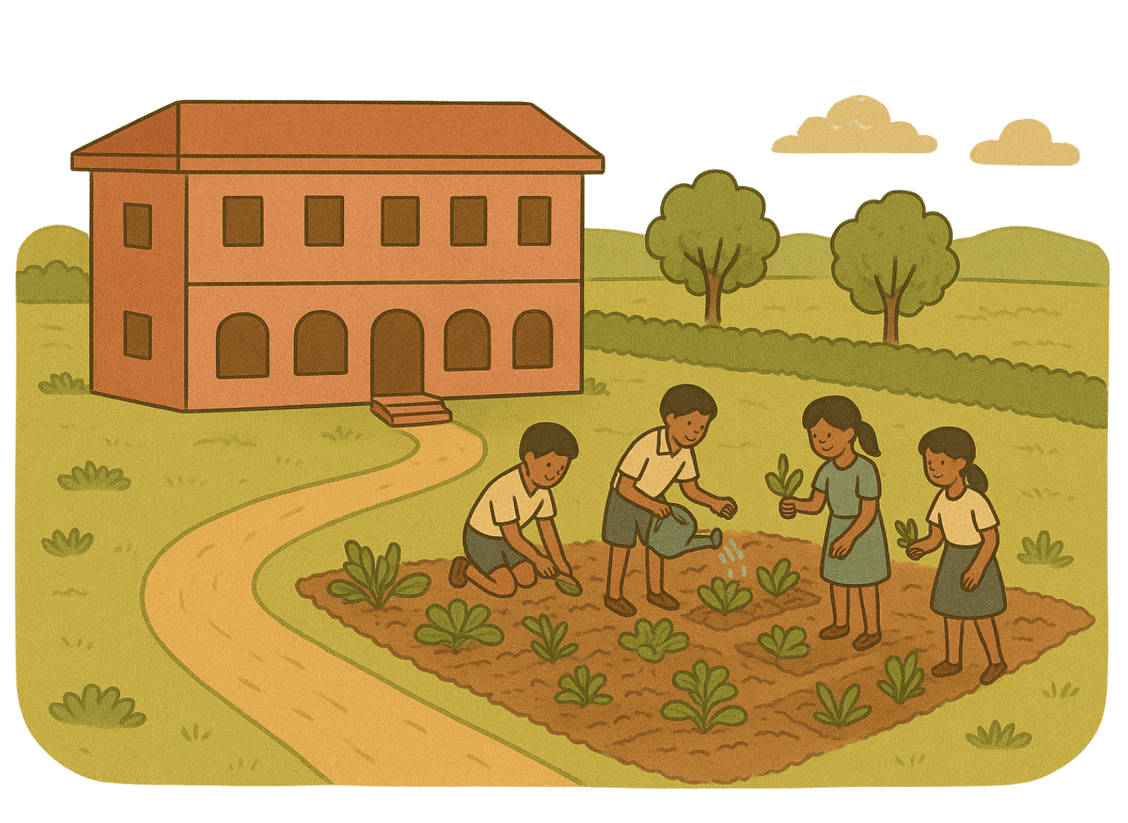 Illustration of an organic school kitchen garden