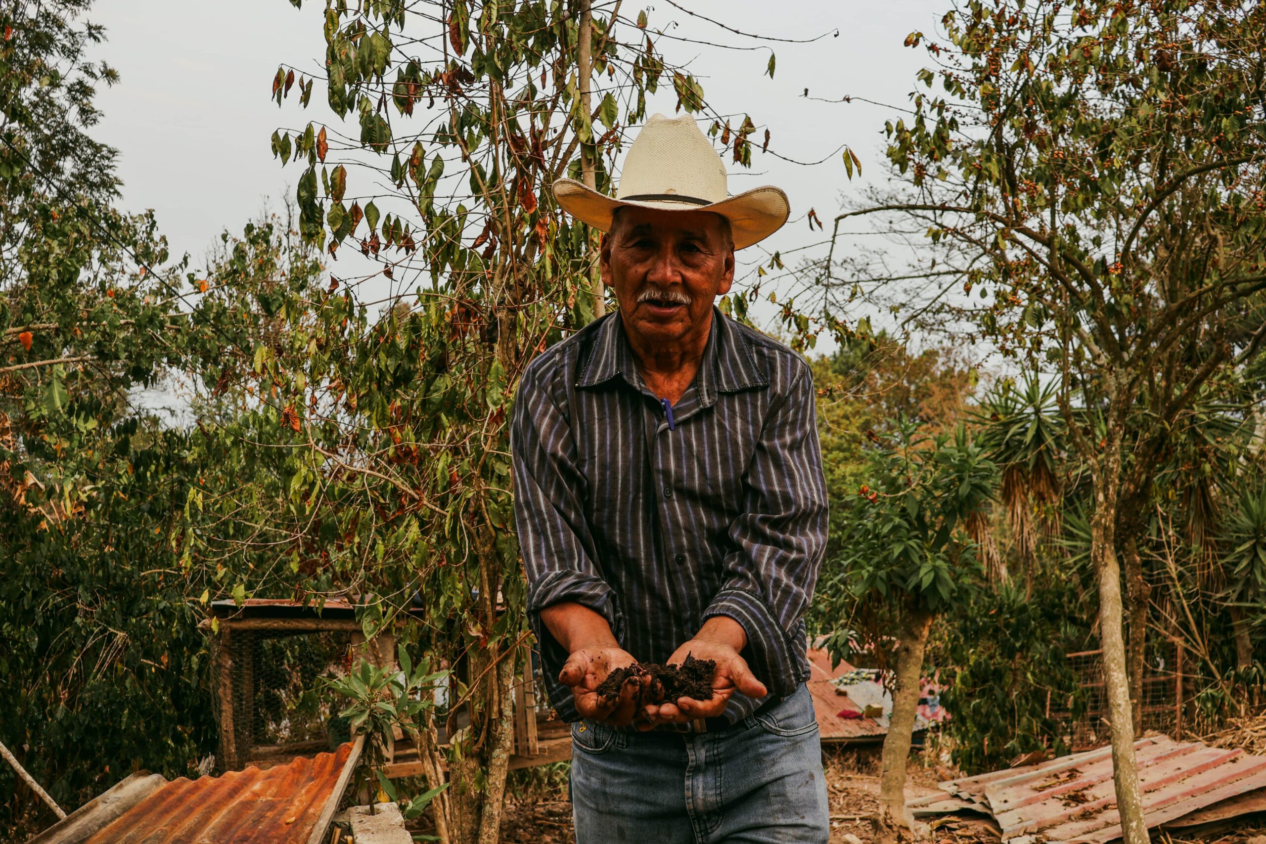 A smallholder farmer holding soil in his hands - rural Guatemala